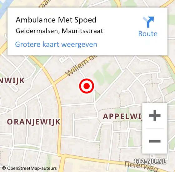 Locatie op kaart van de 112 melding: Ambulance Met Spoed Naar Geldermalsen, Mauritsstraat op 16 april 2022 11:36