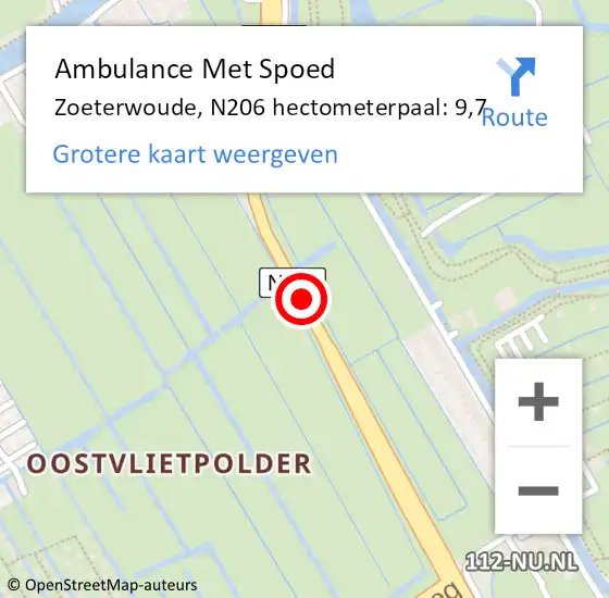Locatie op kaart van de 112 melding: Ambulance Met Spoed Naar Zoeterwoude, N206 hectometerpaal: 9,7 op 16 april 2022 13:57