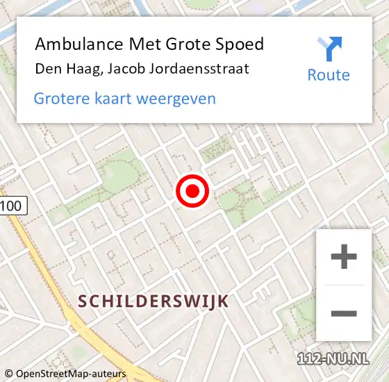 Locatie op kaart van de 112 melding: Ambulance Met Grote Spoed Naar Den Haag, Jacob Jordaensstraat op 16 april 2022 14:46