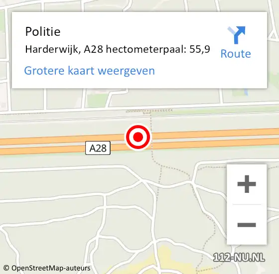 Locatie op kaart van de 112 melding: Politie Harderwijk, A28 hectometerpaal: 55,9 op 16 april 2022 17:04