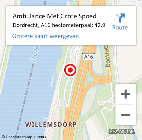 Locatie op kaart van de 112 melding: Ambulance Met Grote Spoed Naar Dordrecht, A16 hectometerpaal: 42,9 op 16 april 2022 17:15