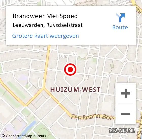 Locatie op kaart van de 112 melding: Brandweer Met Spoed Naar Leeuwarden, Ruysdaelstraat op 17 april 2022 00:46