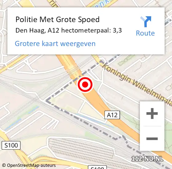Locatie op kaart van de 112 melding: Politie Met Grote Spoed Naar Den Haag, A12 hectometerpaal: 3,3 op 17 april 2022 03:03