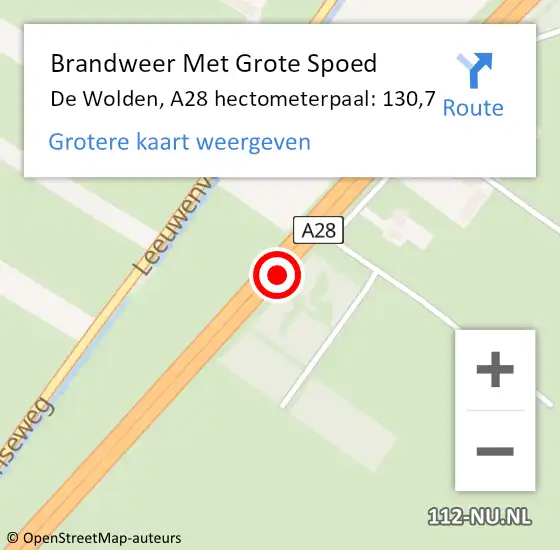 Locatie op kaart van de 112 melding: Brandweer Met Grote Spoed Naar De Wolden, A28 hectometerpaal: 130,7 op 17 april 2022 06:43