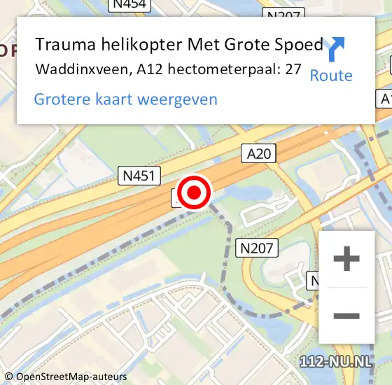 Locatie op kaart van de 112 melding: Trauma helikopter Met Grote Spoed Naar Waddinxveen, A12 hectometerpaal: 27 op 17 april 2022 08:31