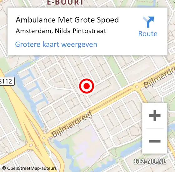 Locatie op kaart van de 112 melding: Ambulance Met Grote Spoed Naar Amsterdam-Zuidoost, Nilda Pintostraat op 17 april 2022 13:54