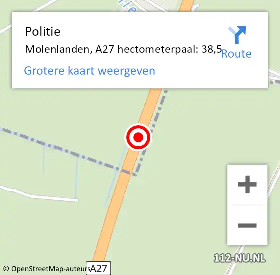 Locatie op kaart van de 112 melding: Politie Molenlanden, A27 hectometerpaal: 38,5 op 17 april 2022 15:41