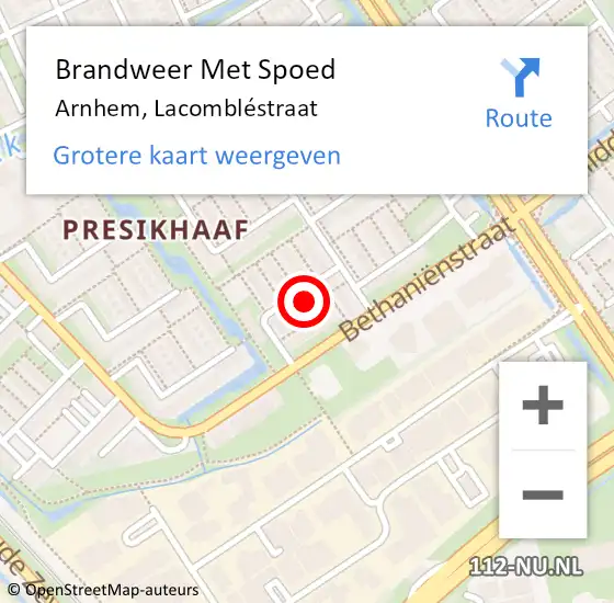 Locatie op kaart van de 112 melding: Brandweer Met Spoed Naar Arnhem, Lacombléstraat op 17 april 2022 16:08