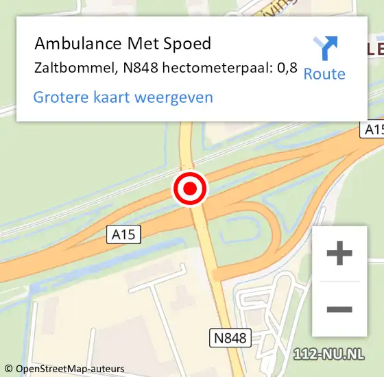 Locatie op kaart van de 112 melding: Ambulance Met Spoed Naar Zaltbommel, N848 hectometerpaal: 0,8 op 17 april 2022 18:25