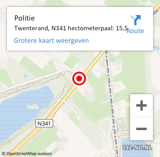 Locatie op kaart van de 112 melding: Politie Twenterand, N341 hectometerpaal: 15,5 op 17 april 2022 19:56
