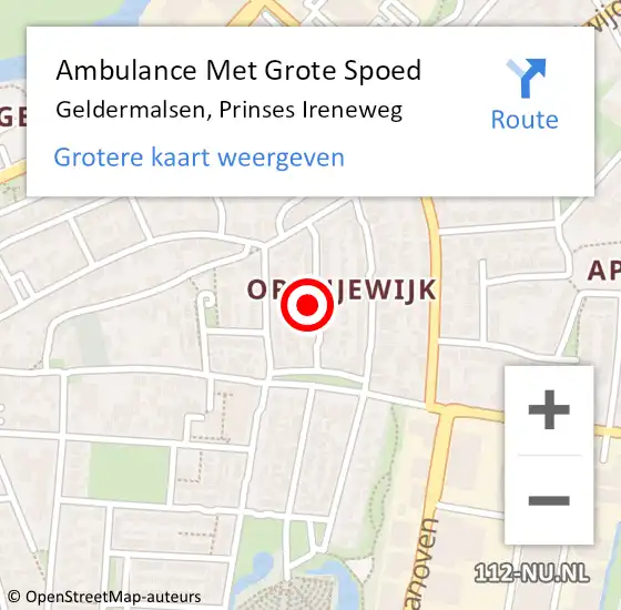 Locatie op kaart van de 112 melding: Ambulance Met Grote Spoed Naar Geldermalsen, Prinses Ireneweg op 18 april 2022 00:43