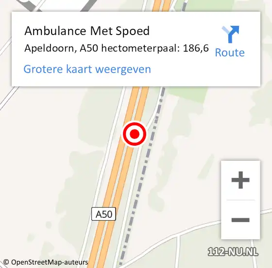 Locatie op kaart van de 112 melding: Ambulance Met Spoed Naar Apeldoorn, A50 hectometerpaal: 186,6 op 18 april 2022 01:36