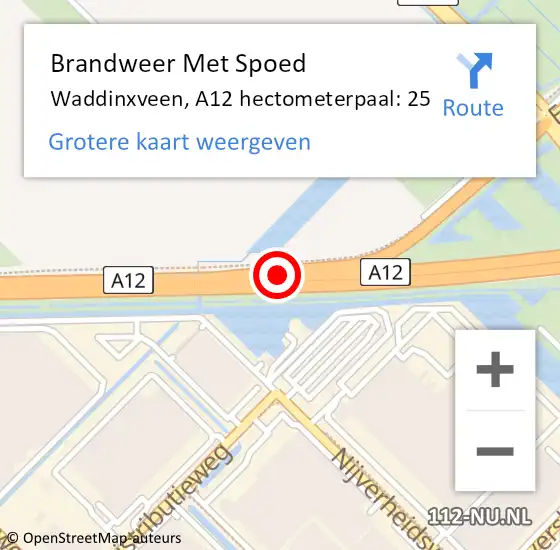 Locatie op kaart van de 112 melding: Brandweer Met Spoed Naar Waddinxveen, A12 hectometerpaal: 25 op 18 april 2022 04:14