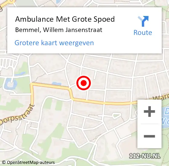 Locatie op kaart van de 112 melding: Ambulance Met Grote Spoed Naar Bemmel, Willem Jansenstraat op 18 april 2022 10:12
