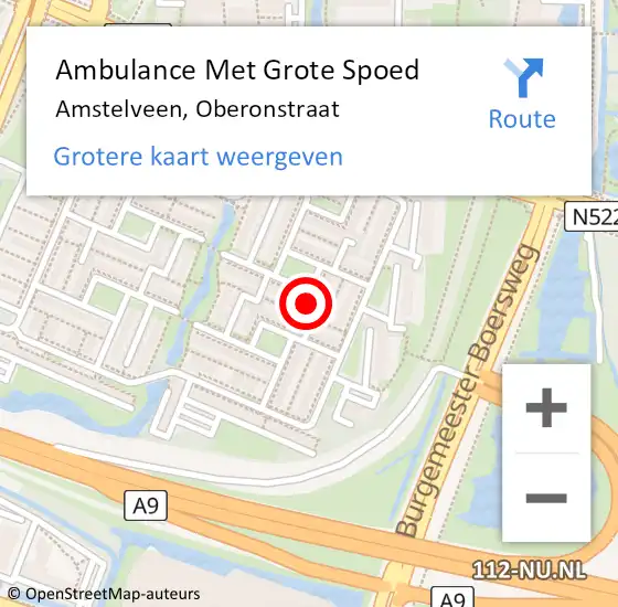 Locatie op kaart van de 112 melding: Ambulance Met Grote Spoed Naar Amstelveen, Oberonstraat op 18 april 2022 10:19