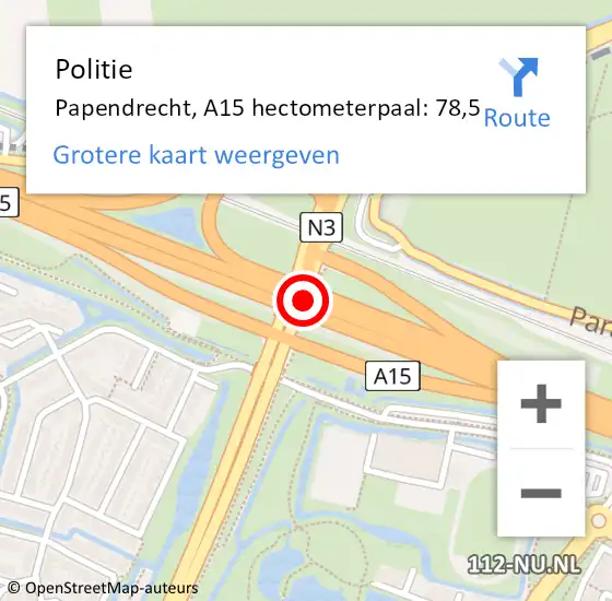 Locatie op kaart van de 112 melding: Politie Papendrecht, A15 hectometerpaal: 78,5 op 18 april 2022 10:25