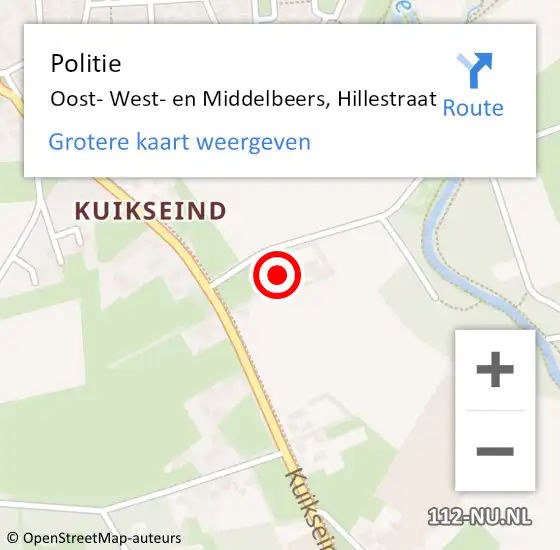 Locatie op kaart van de 112 melding: Politie Oost- West- en Middelbeers, Hillestraat op 18 april 2022 11:28
