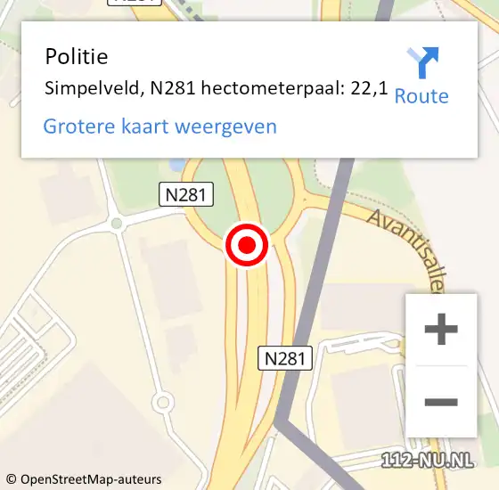 Locatie op kaart van de 112 melding: Politie Heerlen, N281 hectometerpaal: 22,1 op 18 april 2022 14:15