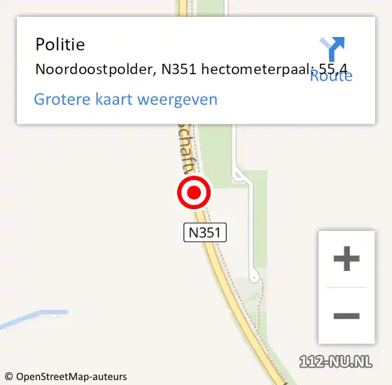 Locatie op kaart van de 112 melding: Politie Noordoostpolder, N351 hectometerpaal: 55,4 op 18 april 2022 14:17
