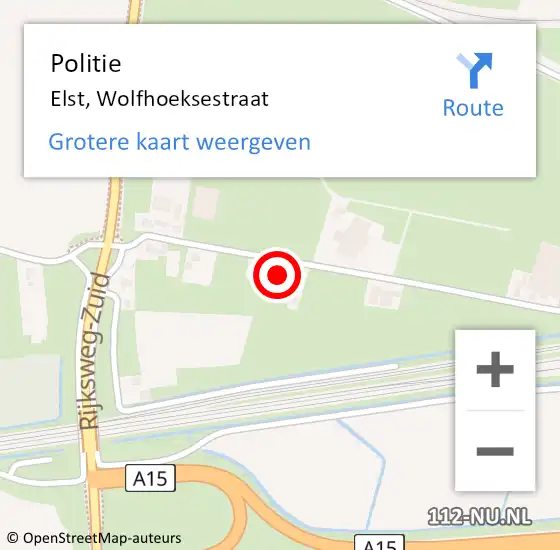 Locatie op kaart van de 112 melding: Politie Elst, Wolfhoeksestraat op 18 april 2022 14:41
