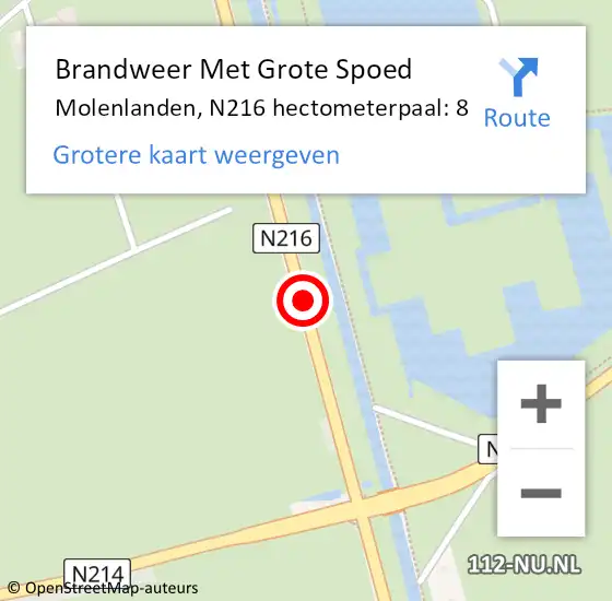 Locatie op kaart van de 112 melding: Brandweer Met Grote Spoed Naar Molenlanden, N216 hectometerpaal: 8 op 18 april 2022 15:06