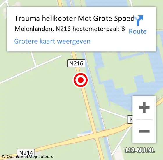 Locatie op kaart van de 112 melding: Trauma helikopter Met Grote Spoed Naar Molenlanden, N216 hectometerpaal: 8 op 18 april 2022 15:08