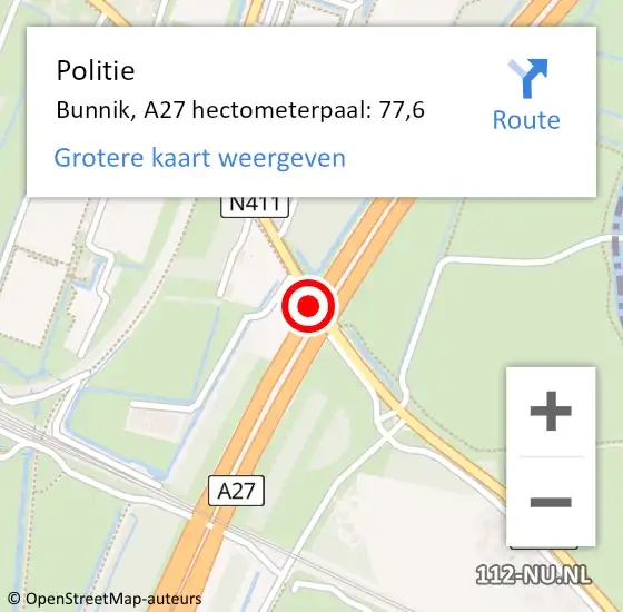 Locatie op kaart van de 112 melding: Politie Bunnik, A27 hectometerpaal: 77,6 op 18 april 2022 15:31