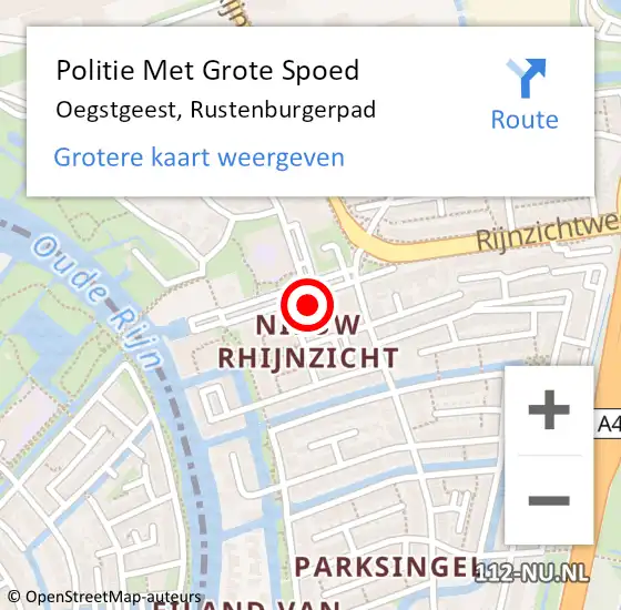 Locatie op kaart van de 112 melding: Politie Met Grote Spoed Naar Oegstgeest, Rustenburgerpad op 18 april 2022 16:00