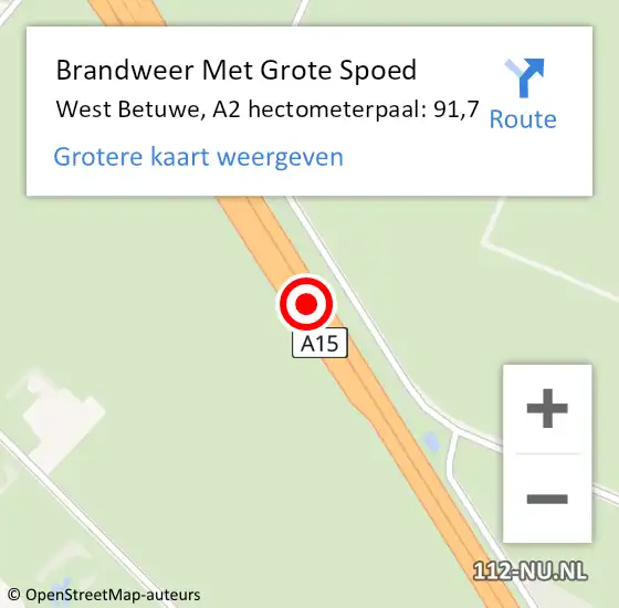 Locatie op kaart van de 112 melding: Brandweer Met Grote Spoed Naar West Betuwe, A2 hectometerpaal: 91,7 op 18 april 2022 16:05