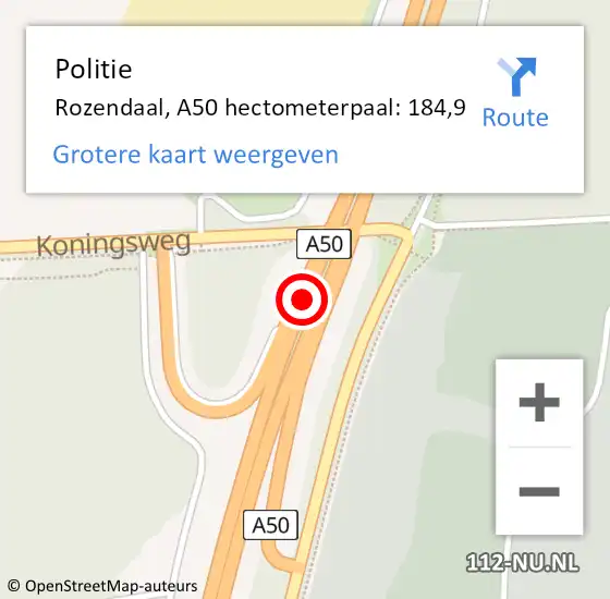 Locatie op kaart van de 112 melding: Politie Rozendaal, A50 hectometerpaal: 184,9 op 18 april 2022 16:06