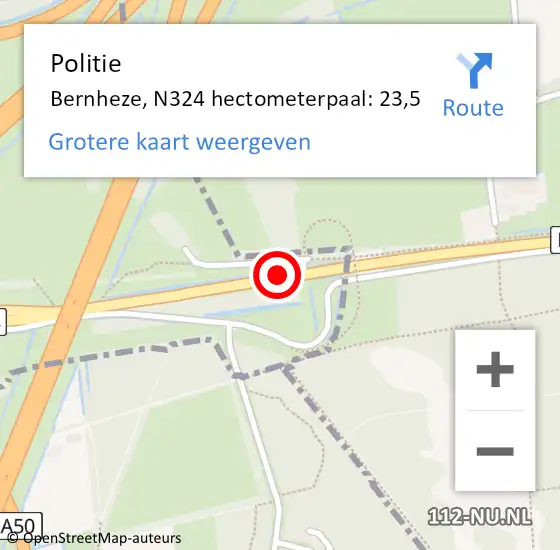 Locatie op kaart van de 112 melding: Politie Bernheze, N324 hectometerpaal: 23,5 op 18 april 2022 17:01