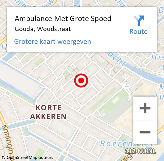 Locatie op kaart van de 112 melding: Ambulance Met Grote Spoed Naar Gouda, Woudstraat op 18 april 2022 18:22