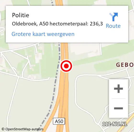 Locatie op kaart van de 112 melding: Politie Oldebroek, A50 hectometerpaal: 236,3 op 18 april 2022 19:23