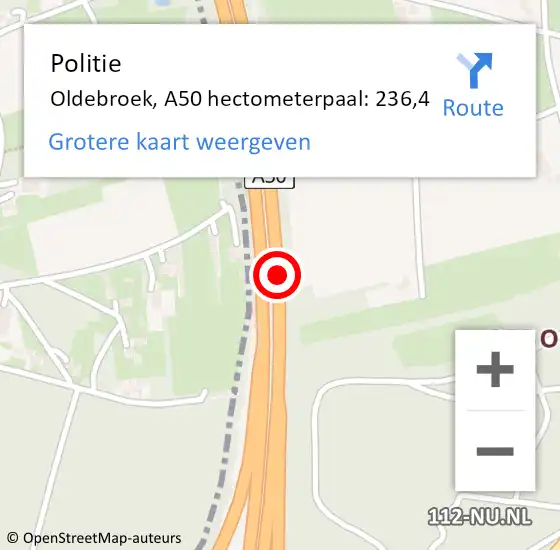 Locatie op kaart van de 112 melding: Politie Oldebroek, A50 hectometerpaal: 236,4 op 18 april 2022 19:24