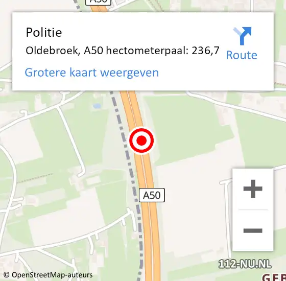 Locatie op kaart van de 112 melding: Politie Oldebroek, A50 hectometerpaal: 236,7 op 18 april 2022 19:24