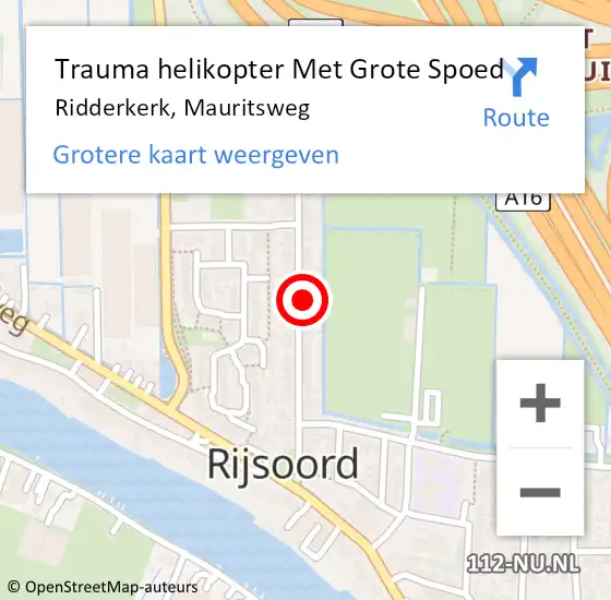 Locatie op kaart van de 112 melding: Trauma helikopter Met Grote Spoed Naar Ridderkerk, Mauritsweg op 18 april 2022 21:48