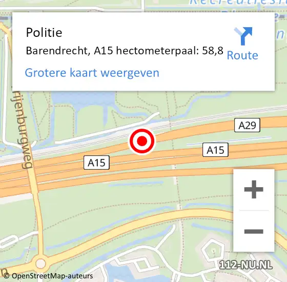 Locatie op kaart van de 112 melding: Politie Barendrecht, A15 hectometerpaal: 58,8 op 19 april 2022 00:00