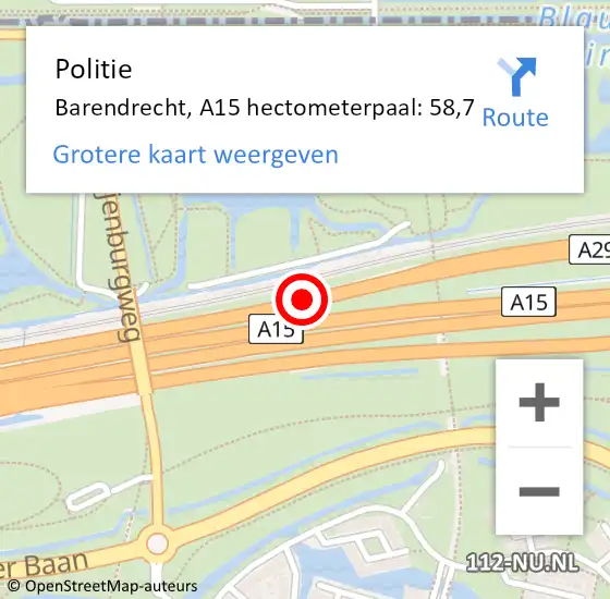 Locatie op kaart van de 112 melding: Politie Barendrecht, A15 hectometerpaal: 58,7 op 19 april 2022 00:01