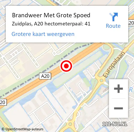 Locatie op kaart van de 112 melding: Brandweer Met Grote Spoed Naar Zuidplas, A20 hectometerpaal: 41 op 19 april 2022 06:33