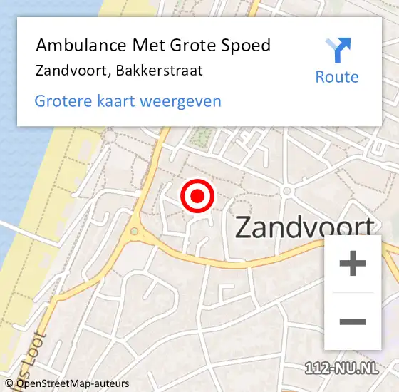 Locatie op kaart van de 112 melding: Ambulance Met Grote Spoed Naar Zandvoort, Bakkerstraat op 19 april 2022 08:13