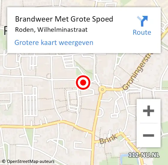 Locatie op kaart van de 112 melding: Brandweer Met Grote Spoed Naar Roden, Wilhelminastraat op 19 april 2022 08:31