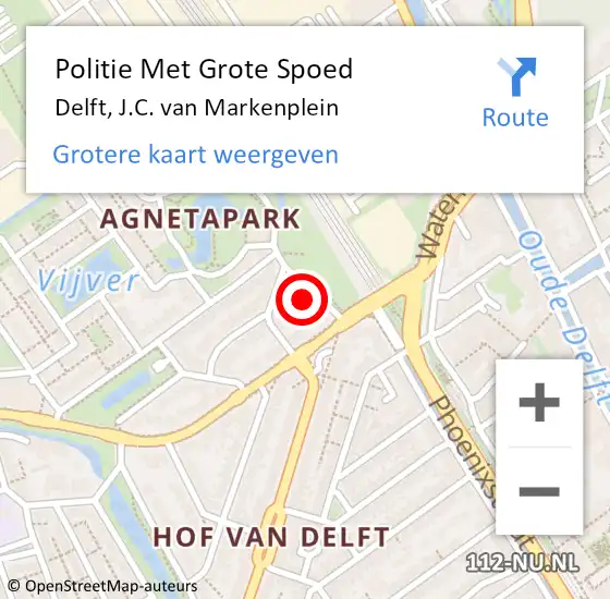 Locatie op kaart van de 112 melding: Politie Met Grote Spoed Naar Delft, J.C. van Markenplein op 19 april 2022 08:42