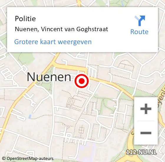 Locatie op kaart van de 112 melding: Politie Nuenen, Vincent van Goghstraat op 19 april 2022 08:52