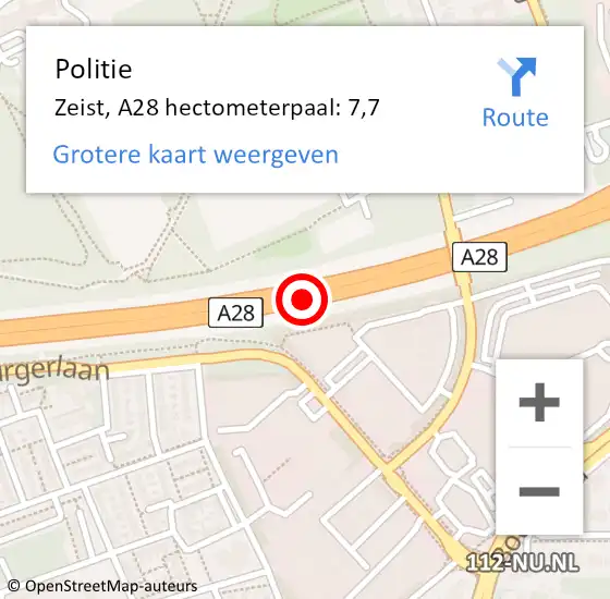 Locatie op kaart van de 112 melding: Politie Zeist, A28 hectometerpaal: 7,7 op 19 april 2022 09:00