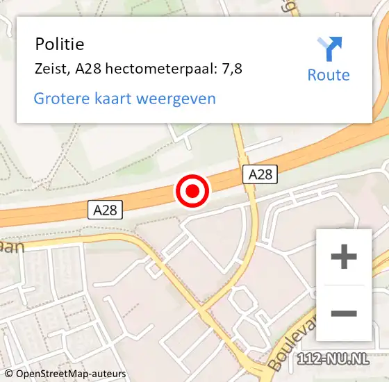 Locatie op kaart van de 112 melding: Politie Zeist, A28 hectometerpaal: 7,8 op 19 april 2022 09:11