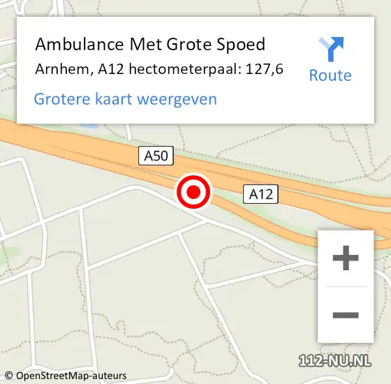 Locatie op kaart van de 112 melding: Ambulance Met Grote Spoed Naar Arnhem, A12 hectometerpaal: 127,6 op 19 april 2022 09:58