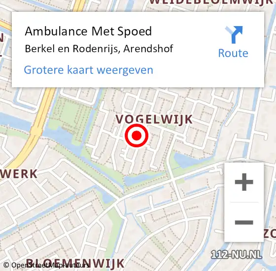 Locatie op kaart van de 112 melding: Ambulance Met Spoed Naar Berkel en Rodenrijs, Arendshof op 19 april 2022 12:26