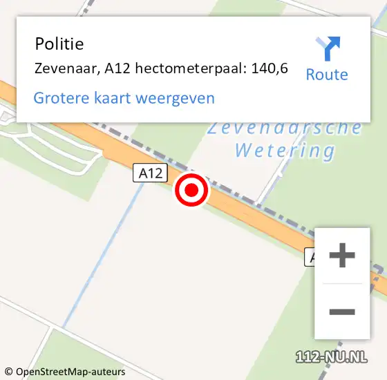 Locatie op kaart van de 112 melding: Politie Zevenaar, A12 hectometerpaal: 140,6 op 19 april 2022 13:35