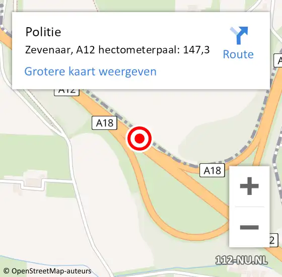 Locatie op kaart van de 112 melding: Politie Zevenaar, A12 hectometerpaal: 147,3 op 19 april 2022 14:29