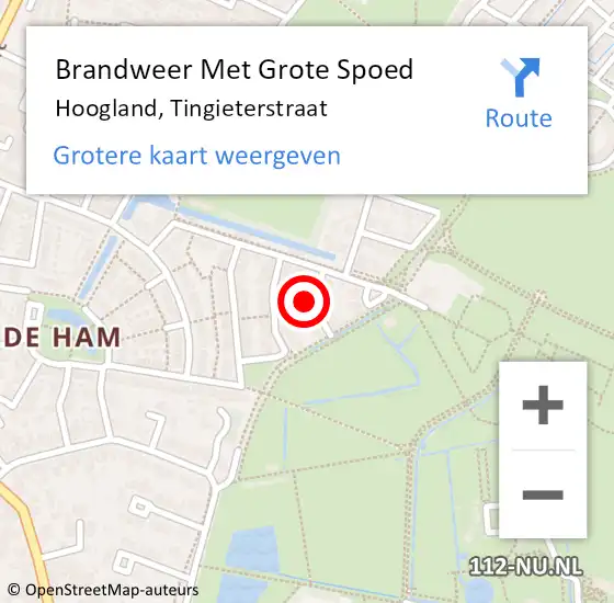 Locatie op kaart van de 112 melding: Brandweer Met Grote Spoed Naar Hoogland, Tingieterstraat op 19 april 2022 15:54